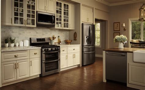 cream colored kitchen cabinets with black stainless steel appliances|black stainless steel appliance colors.